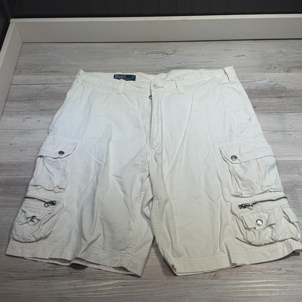 Vintage Polo Ralph Lauren Shorts Men 36 Cargo Paratrooper Zip Military Off White